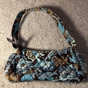 Vera Bradley Blue and Brown Quilted Shoulder Bag with Crescent Shape